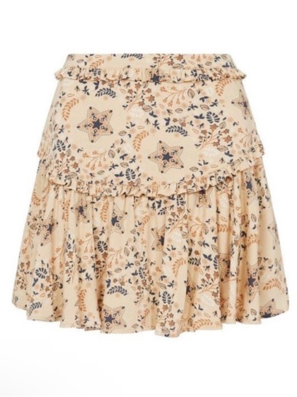 Spell & The Gypsy Celestial Mini Skirt Beige Floral & Star Ruffle Skirt Size Med